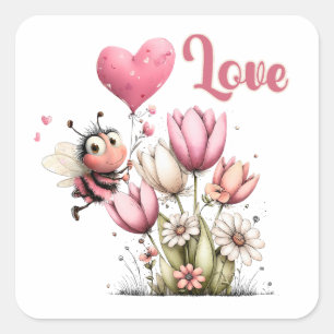 Cute Bee Love Heart Balloon Spring Flowers Square Sticker