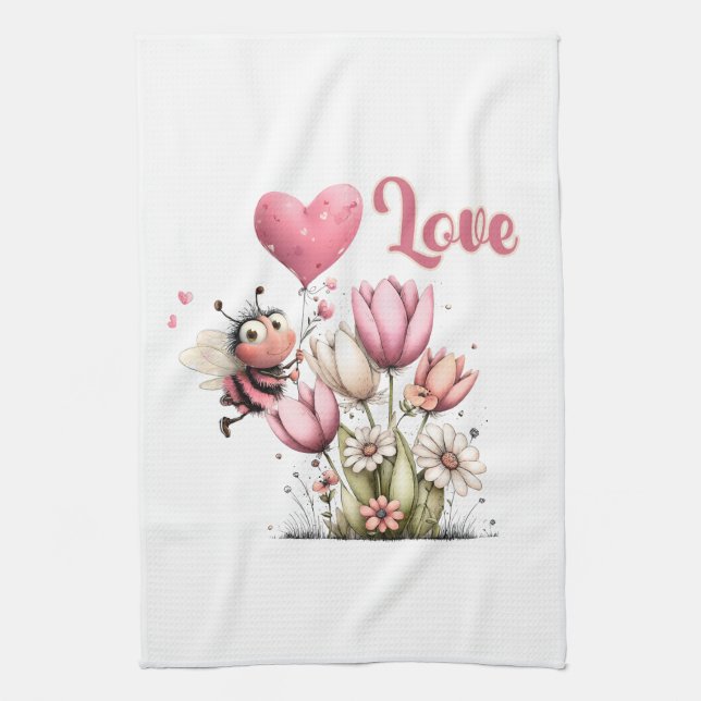 Cute Bee Love Heart Balloon Spring Flowers Tea Towel (Vertical)