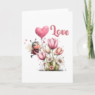 Cute Bee Love Heart & Floral  Holiday Card