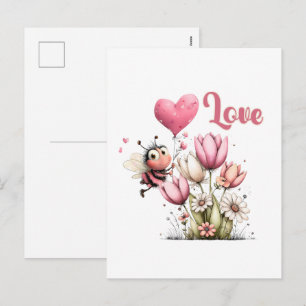 Cute Bee Love Heart & Floral  Holiday Postcard