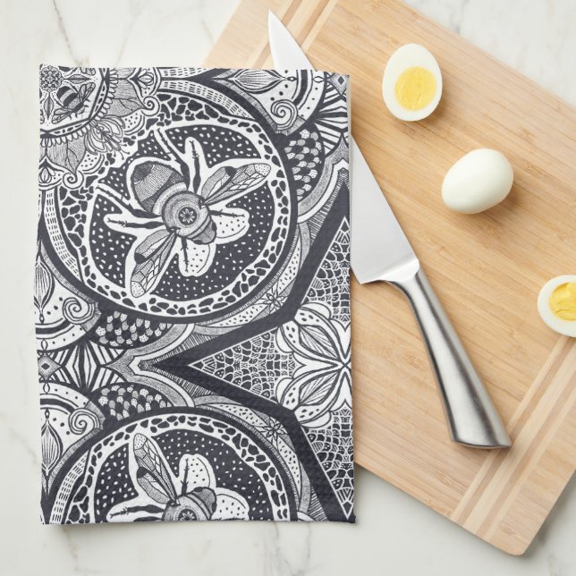 Cute Bee Mandala Hand-Drawn Tea Towel (Quarter Fold)