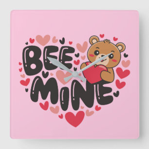 Cute Bee Mine Teddy Bear Valentine's Day Square Wall Clock