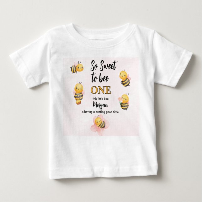 Cute Bee One Pink Black First Birthday Party Baby T-Shirt (Front)