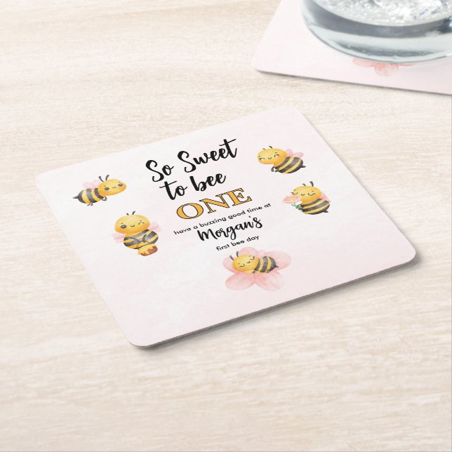Cute Bee One Pink Black First Birthday Party Square Paper Coaster (Angled)