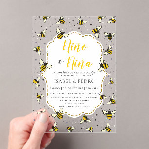 Cute Bee Pattern Spanish Gender Reveal Acrylic Invitations