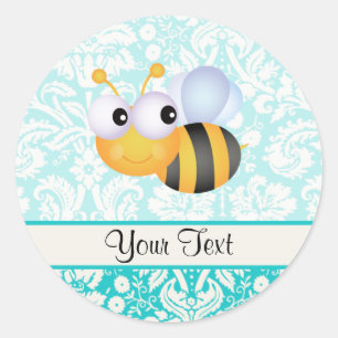 Cute Bee; Teal Damask Pattern Classic Round Sticker
