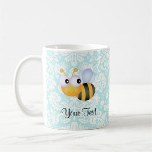 Cute Bee; Teal Damask Pattern Coffee Mug