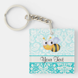 Cute Bee; Teal Damask Pattern Key Ring