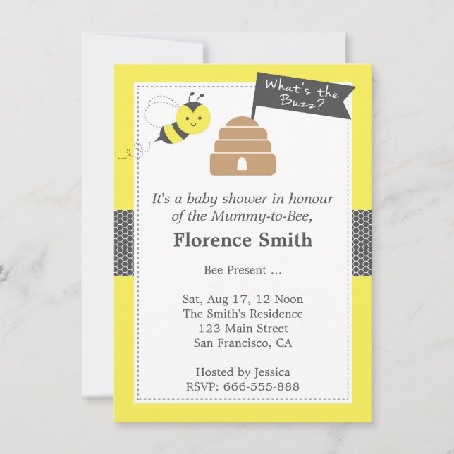 Cute Bee Theme Baby Shower In Yellow and Dark Grey Invitation (Front)