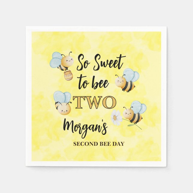 Cute Bee Two Yellow Black Second Birthday Party Napkin (Front)