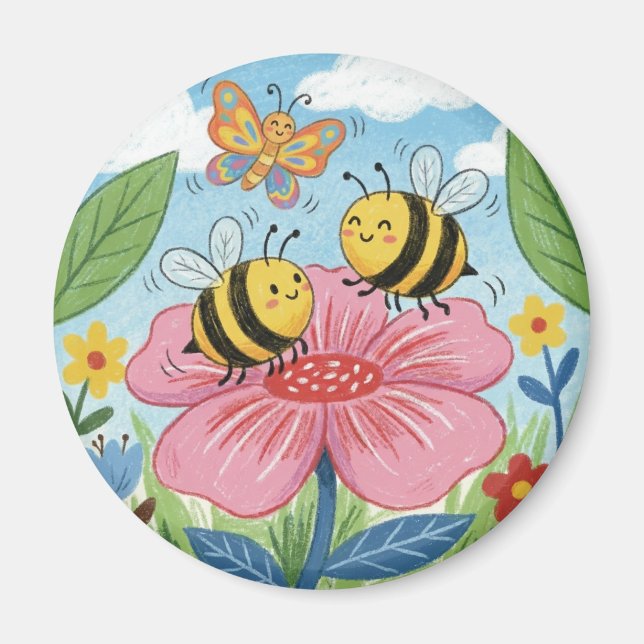 Cute Bee Whimsical Flower Garden Magnet (Front)