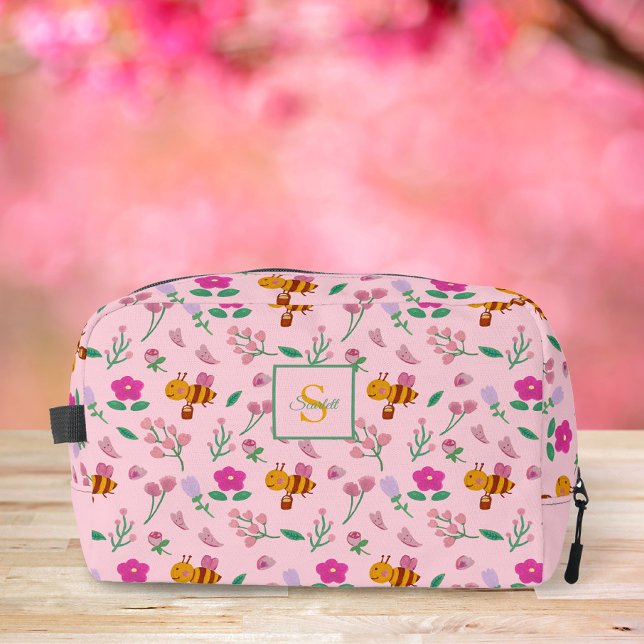 Cute bee & wildflowers pattern Monogram Name pink Dopp Kit (Creator Uploaded)
