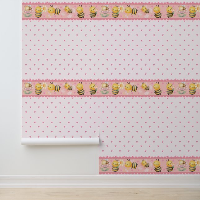 Cute Bee With Heart Pattern Pink Nursery Decor Wallpaper (Application)