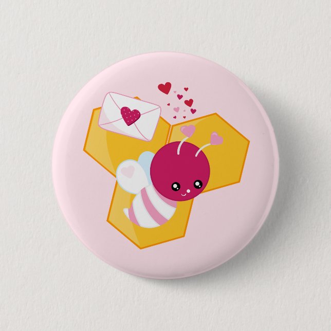 Cute Bee with Pink Valentine Hearts 6 Cm Round Badge (Front)