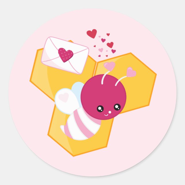 Cute Bee with Pink Valentine Hearts Classic Round Sticker (Front)