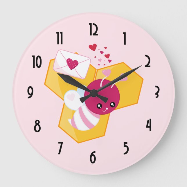 Cute Bee with Pink Valentine Hearts Large Clock (Front)
