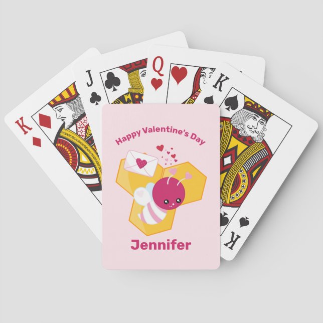 Cute Bee with Pink Valentine Hearts Playing Cards (Back)
