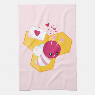 Cute Bee with Pink Valentine Hearts Tea Towel