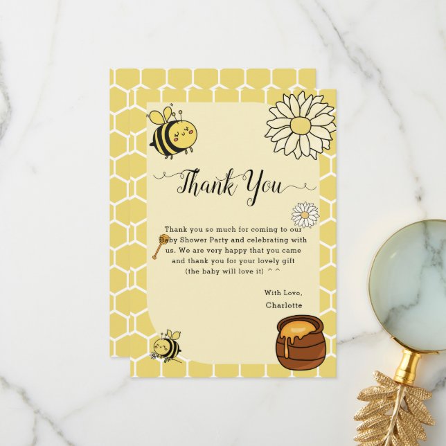 Cute Bee with Sweet Honey Baby Shower Thank You Card (Front/Back In Situ)