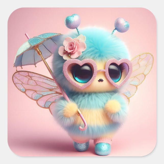 Cute Bee with Umbrella Square Sticker (Front)