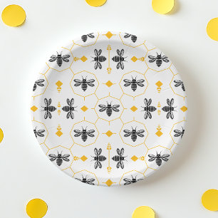 Cute Bee Yellow Honeycomb Kids Birthday Party Paper Plate