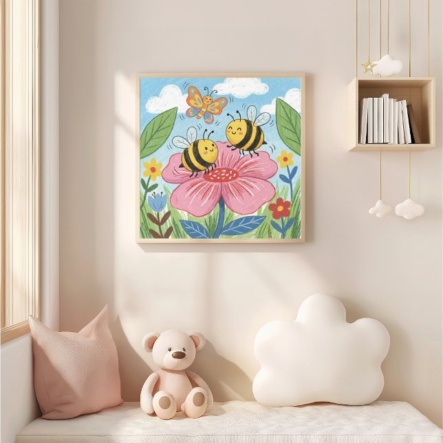 Cute Bees and Butterfly Dancing Crayon Drawing Kid Poster (Creator Uploaded)
