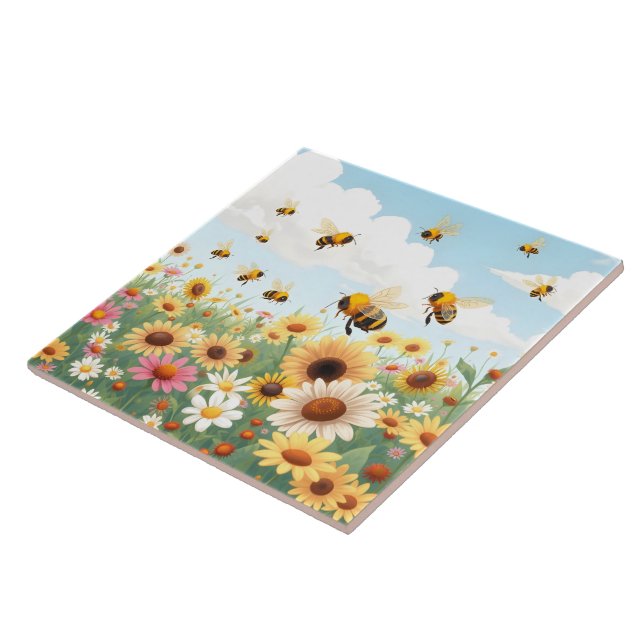 Cute bees and flowers illustration ceramic tile (Side)