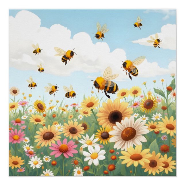 Cute bees and flowers illustration poster (Front)