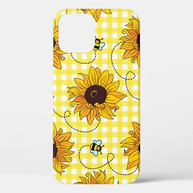 Cute bees and sunflowers on a checkered background Case-Mate iPhone case (Back)