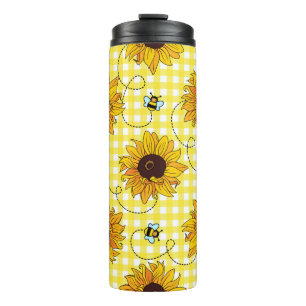 Cute bees and sunflowers on a checkered background thermal tumbler