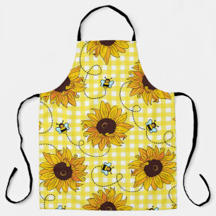 Cute bees and sunflowers on a chequered background apron