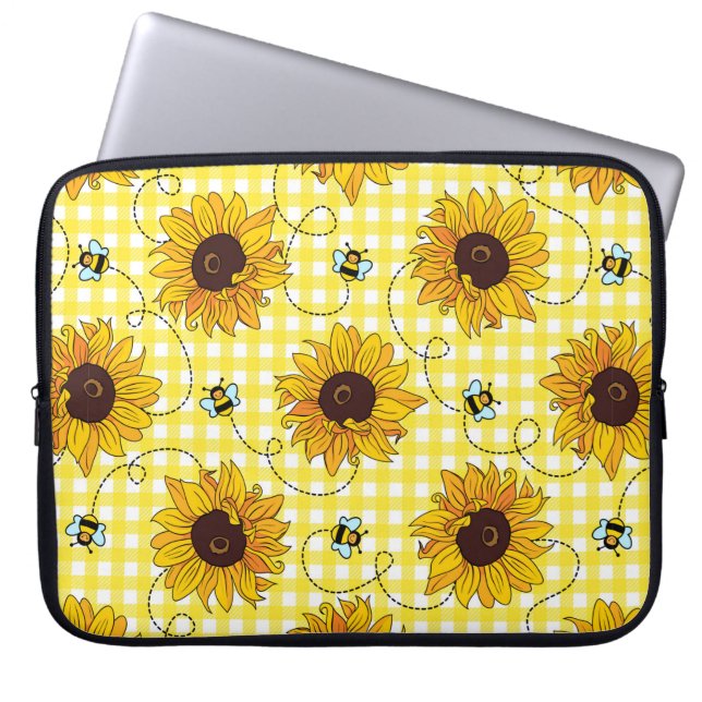 Cute bees and sunflowers on a chequered background laptop sleeve (Front)