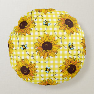 Cute bees and sunflowers on a chequered background round cushion
