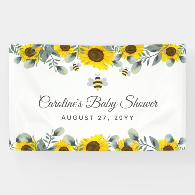 Cute Bees & Sunflowers Eucalyptus Baby Shower Sign (Horizontal)