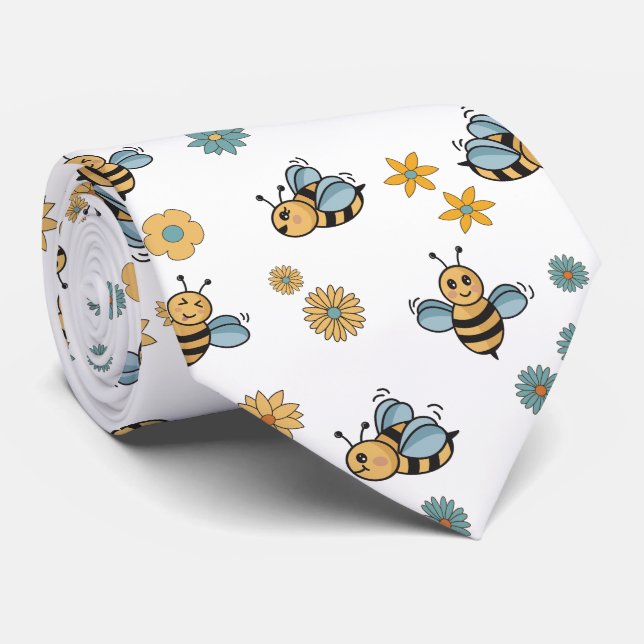 Cute Bees Wildflowers & Floral Tie (Rolled)