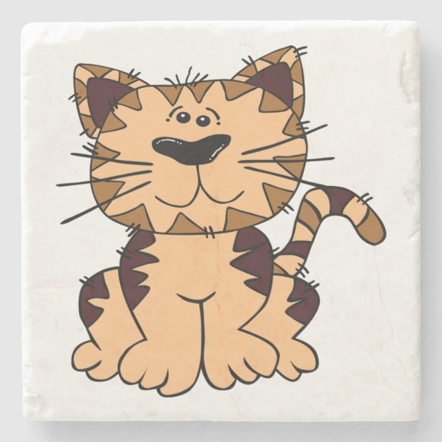 CUTE BEIGE AND BROWN big head CAT Stone Coaster (Front)