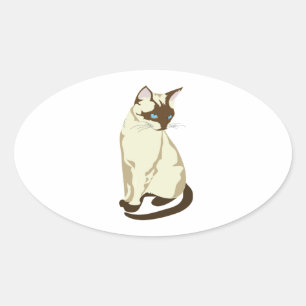 CUTE BEIGE AND BROWN CAT WITH BLUE EYES OVAL STICKER