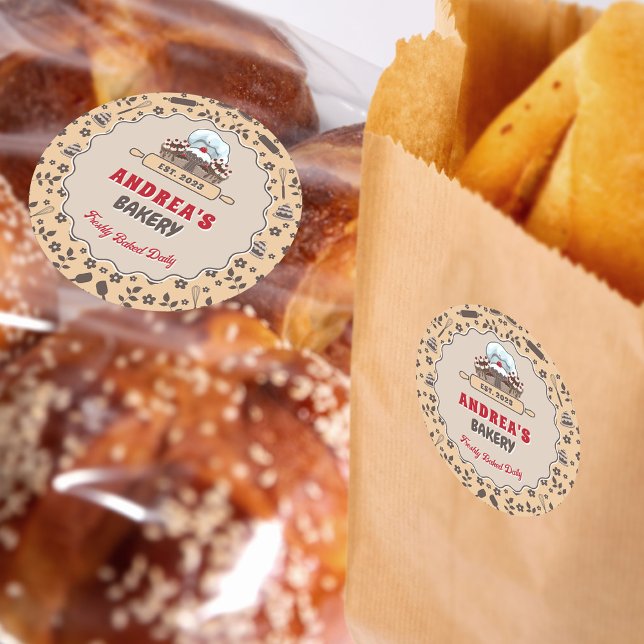 Cute Beige and Brown Custom Bakery Logo Packaging  Classic Round Sticker (Creator Uploaded)