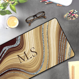 Cute beige brown marble art Glitter monogram Desk Mat