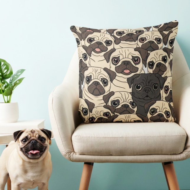 Cute beige cartoon pug dog seamless pattern cushion (Creator Uploaded)