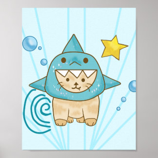 Cute beige cat in shark costume aqua sea themed poster