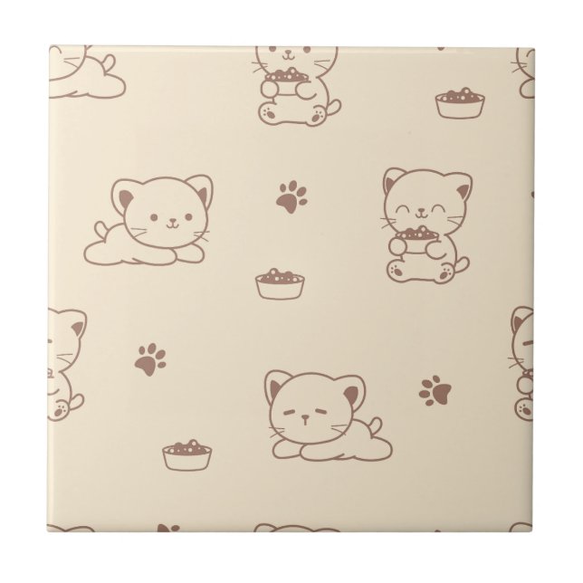 Cute Beige Cat Pattern (1) Ceramic Tile (Front)