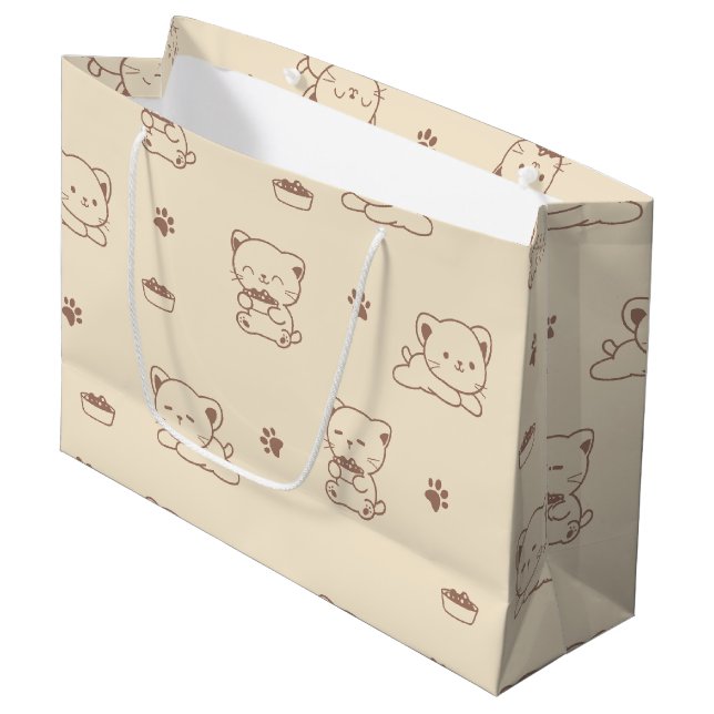 Cute Beige Cat Pattern (1) Large Gift Bag (Front Angled)