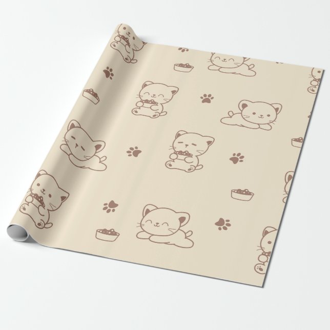 Cute Beige Cat Pattern (1) Wrapping Paper (Unrolled)