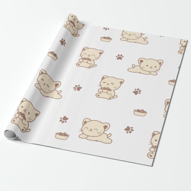 Cute Beige Cat Pattern (2) Wrapping Paper (Unrolled)