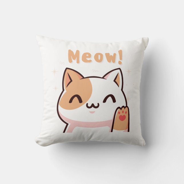 Cute Beige Cat with Meow Text Illustration PILLOWS (Front)