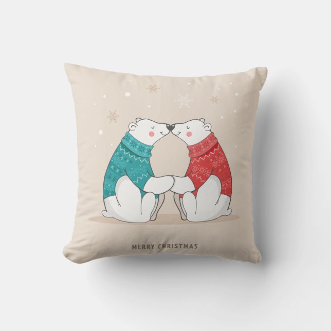 Cute Beige Christmas Polar Bears Cushion (Front)