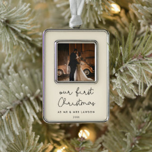 Cute Beige Our First Christmas Photo Silver Plated Framed Ornament