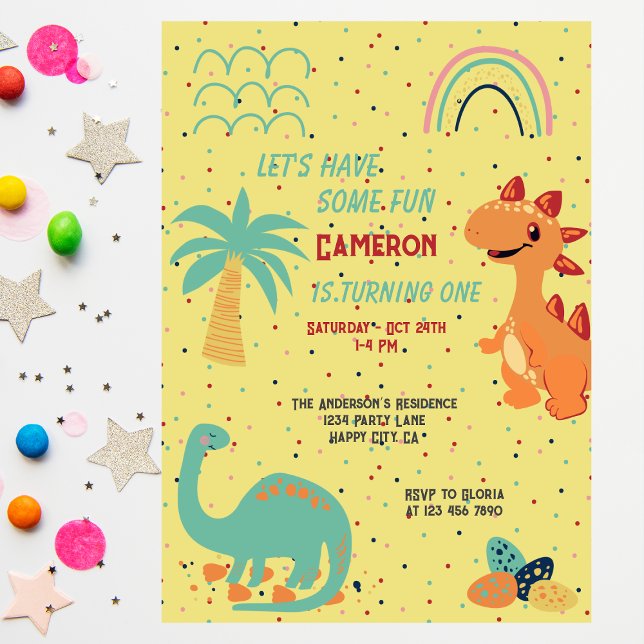 Cute Beige Rainbow Dinosaur 1st Birthday Party Invitation (Creator Uploaded)