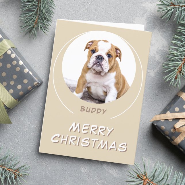 Cute Beige Round Dog Pet Photo Merry Christmas Holiday Card (Creator Uploaded)